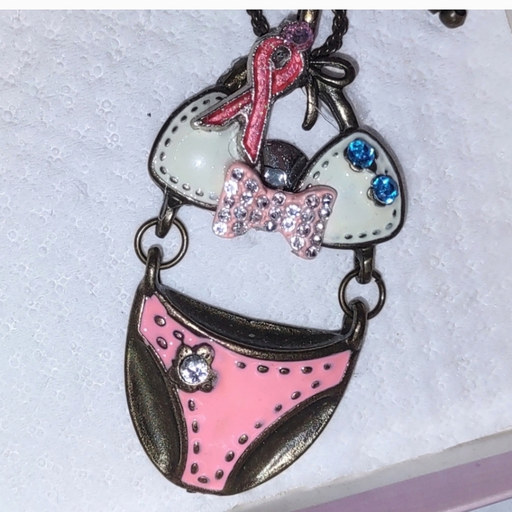 Pink Ribbon Bra & Bikini Undies Embellished Pendant Necklace